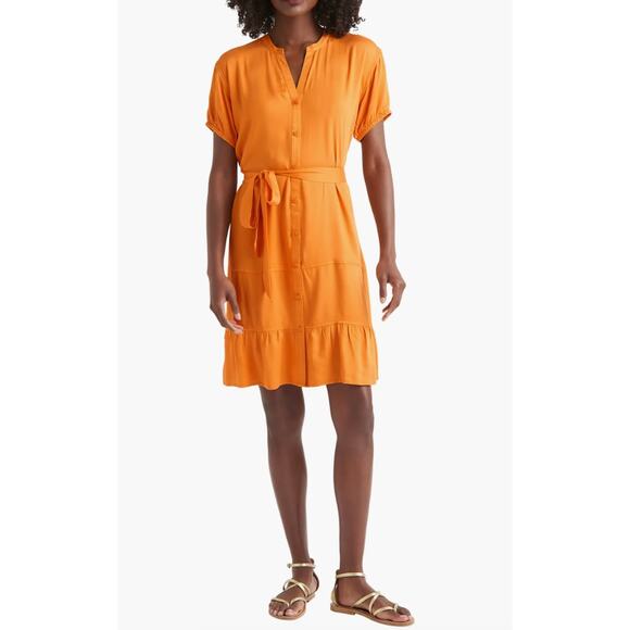 Splendid Jamie Tiered Mini Belted Button Up Shirt Dress Orange Size Small - Picture 1 of 12